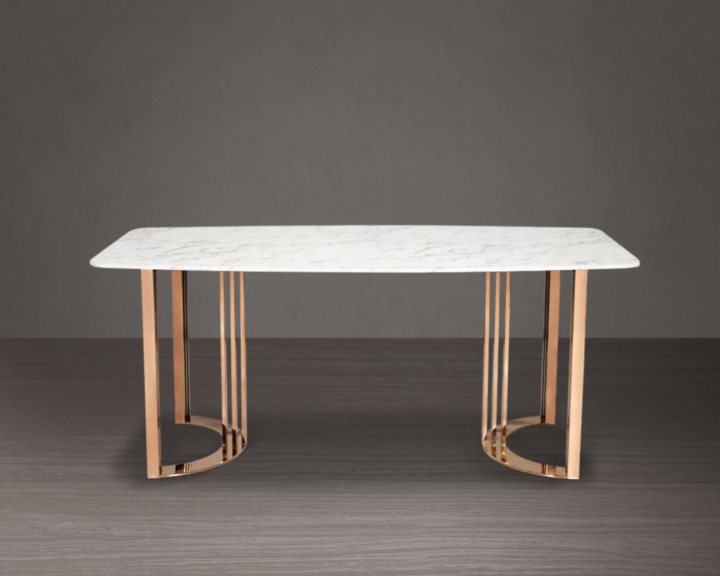 6 Seater rectangular dining table with white marble top and high polished rose gold plated stainless steel base