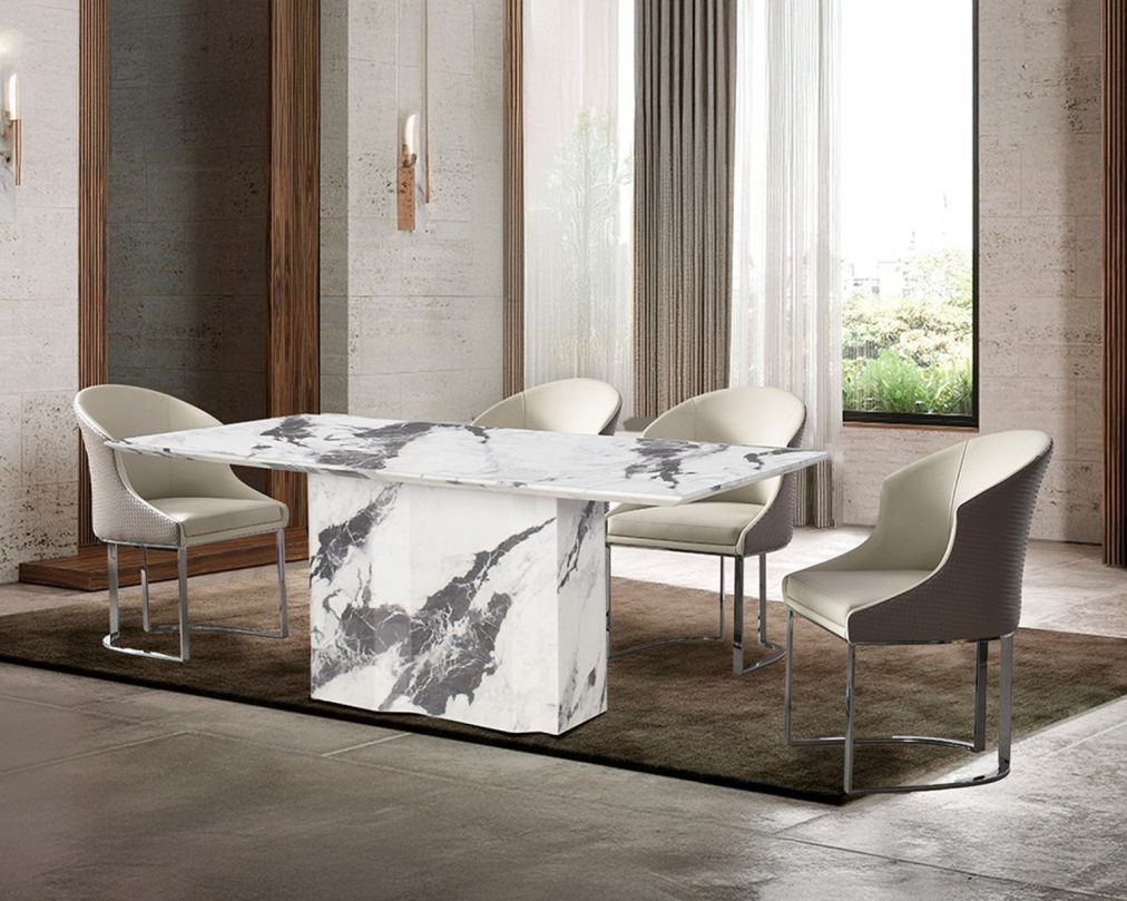 Incencio 6 & 8 Seater Marble Dining Table with Kyle Leatherette Silver Dining chair