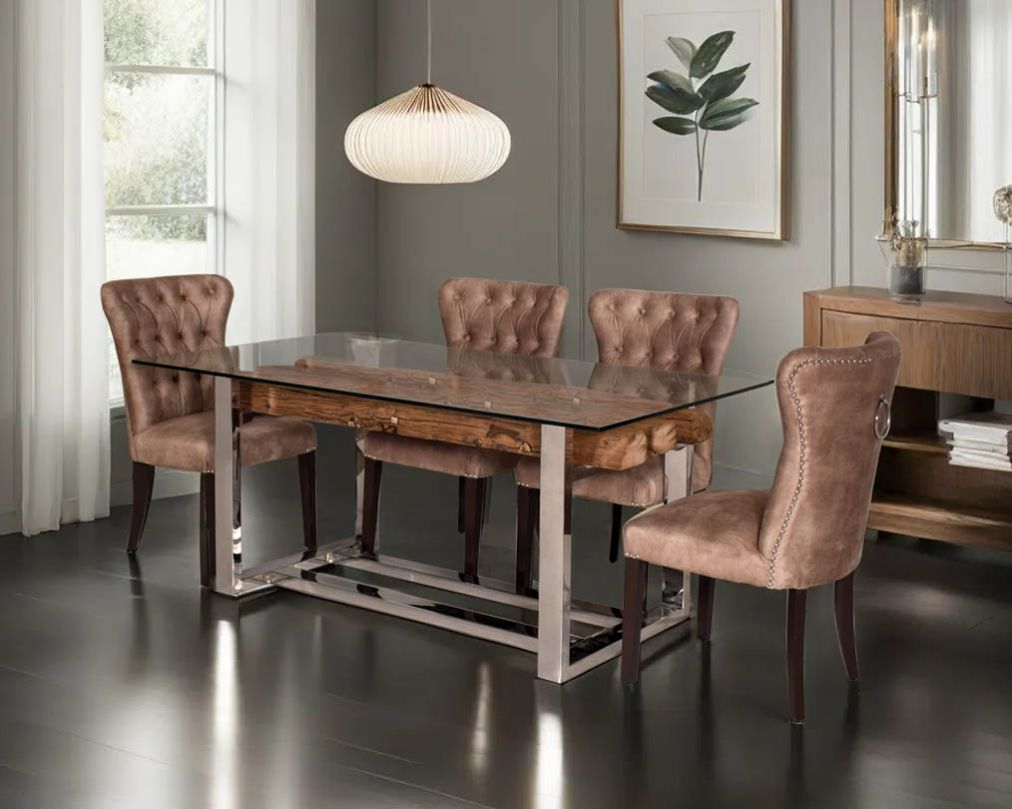6 & 8 seater rectangle dining table with dining chair clear glass & sleeper wood logs which has been recycled from railway tracks in a rustic and natural finish with stainless steel base.