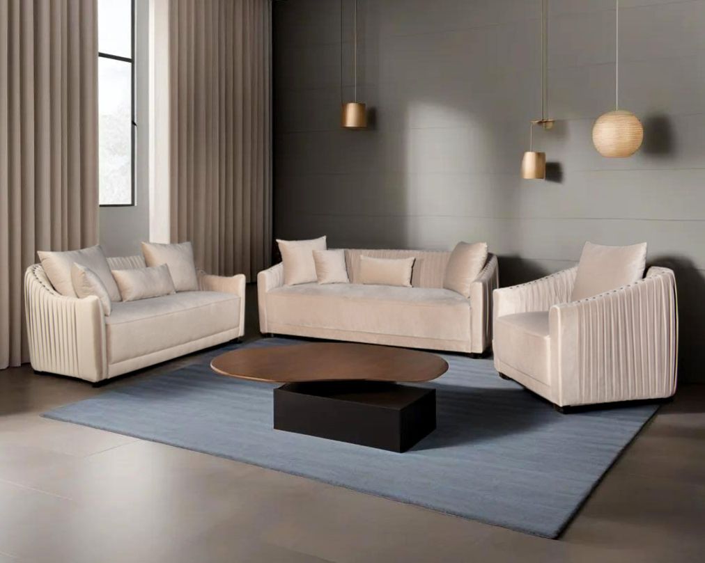 This 3+2+1 sofa  is a sensory experience of luxurious relaxation and esoteric design. With a curvilinear silhouette, it features rich fabric upholstery on wooden frame conjuring the right sensations of comfort and inevitable luxury.