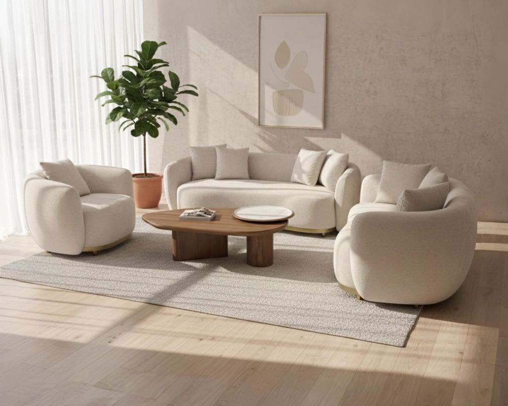 This 3+2+1 luxurious sofa set with a contemporary feel, it glams up with an extremely attractive look Upholstered in high-quality fabric, this modern sofa sits upon a gold-plated stainless steel metal base.