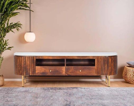 TV Unit in solid wood with matt walnut finish & white marble top and high polished gold plated stainless steel base.